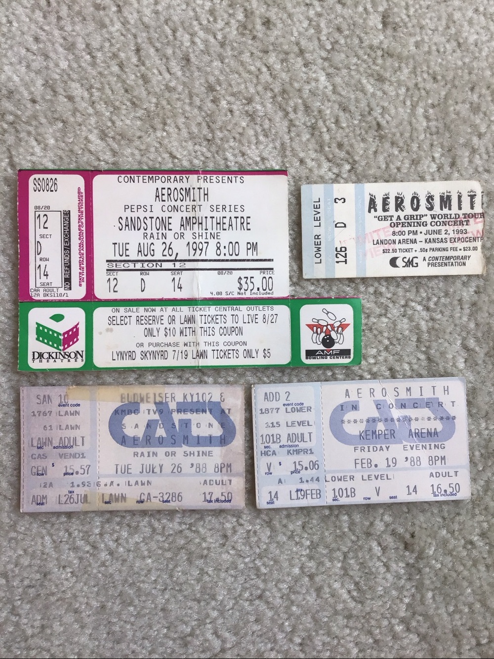 Set of 4 Vintage Rock Memorabilia Aerosmith Concert Ticket Stubs, 1988-1997